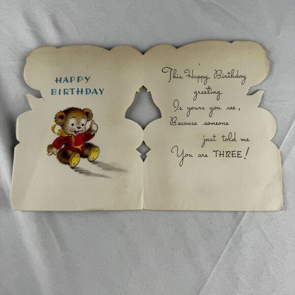 1940s Birthday Card 3 Years Old Unsigned Marked 1947 Puppy Dog w Twinkle In Eye - Picture 3 of 4